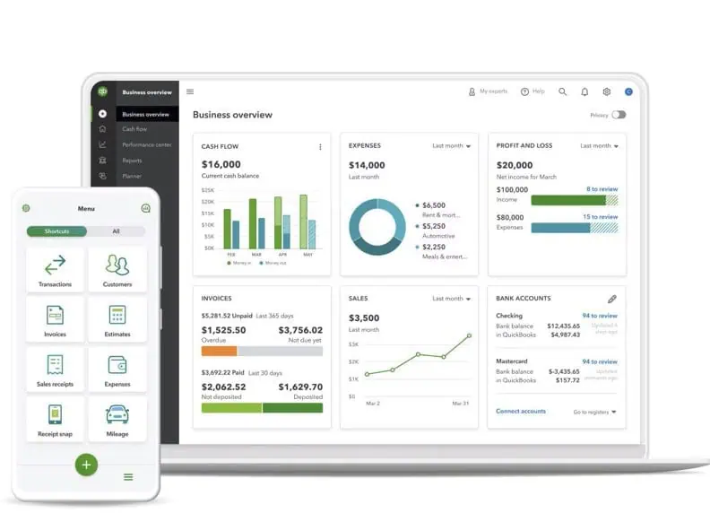 A smartphone and a laptop display financial management and bookkeeping software. The screens show dashboards with charts, sales data, expenses, invoices, and bank account information.