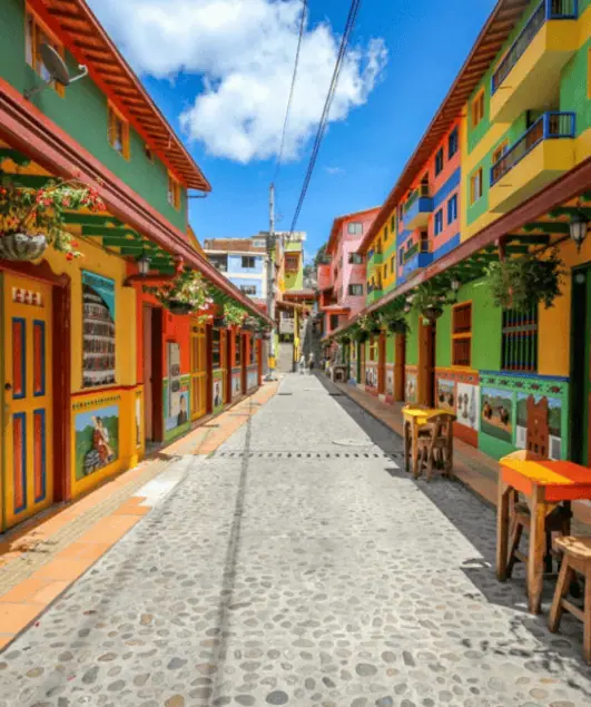 A narrow, cobblestone street flanked by brightly colored buildings with vibrant murals and small businesses. Tables with orange tops stand near the buildings. The sky is blue with scattered clouds.