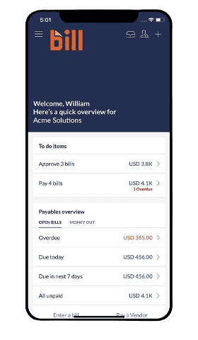 A smartphone screen displaying a financial management app shows tasks such as approving and paying bills, along with a summary of AR & AP Management, payables, and overdue amounts.