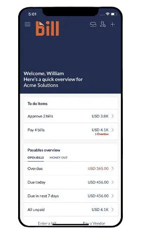 A smartphone screen displaying a financial management app shows tasks such as approving and paying bills, along with a summary of AR & AP Management, payables, and overdue amounts.