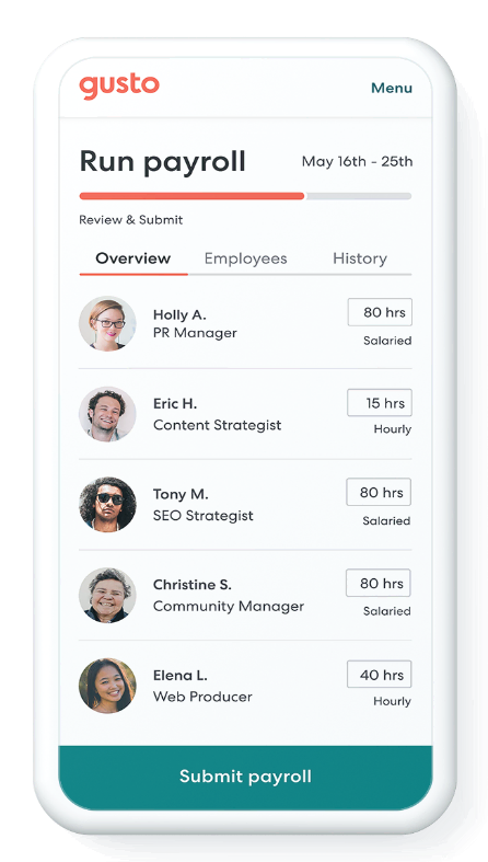 Mobile app screen titled "Run payroll & HR" with options for Overview, Employees, and History. Lists five employees with hours worked and roles, and a button labeled "Submit payroll" at the bottom.