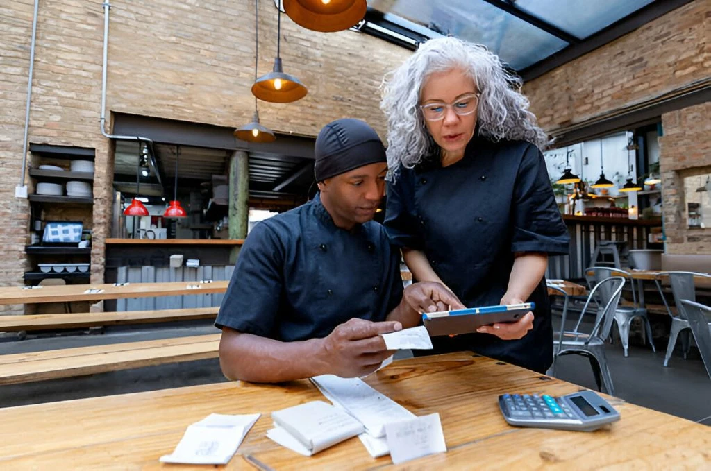 Two restaurant staff in black uniforms review receipts and data for a 13-Week Cash Flow Forecast on a clipboard at a wooden table in an industrial-style dining area.